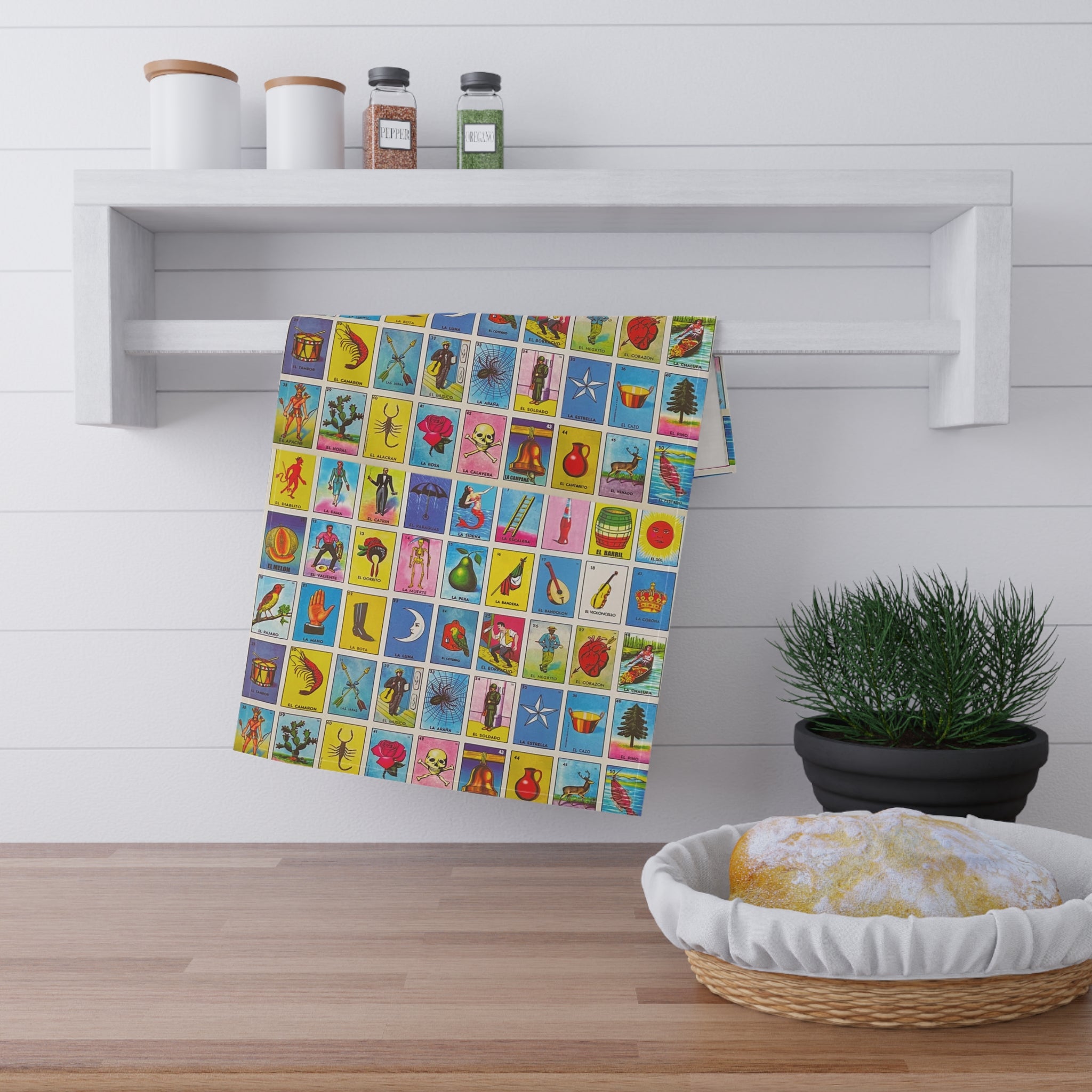 Lotería Bingo Tile Cotton Tea Towel — Colorful Mexican Game Pattern Kitchen Towel